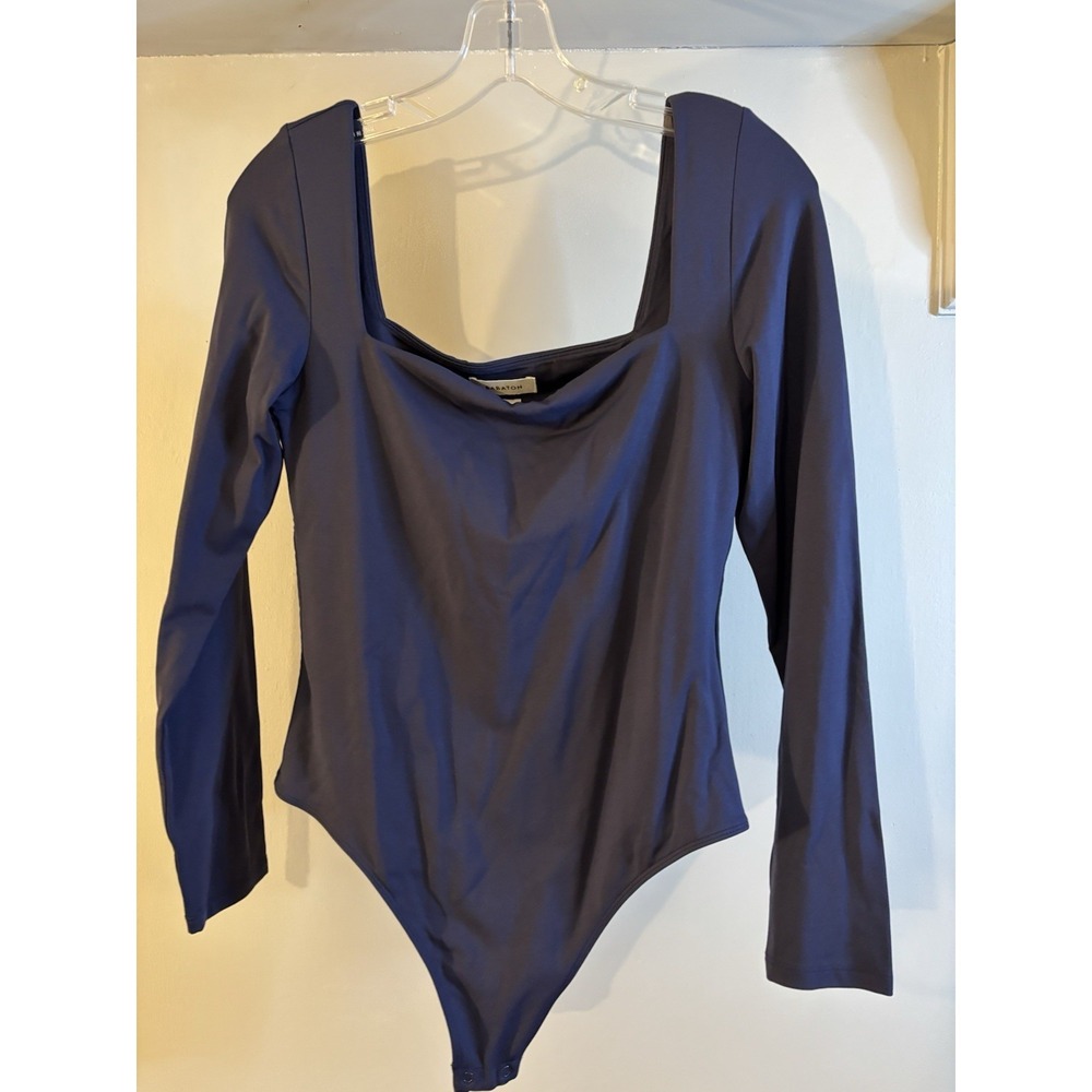Aritzia BABATON Navy Blue Contour Bodysuit L Long Sleeve Square Neck